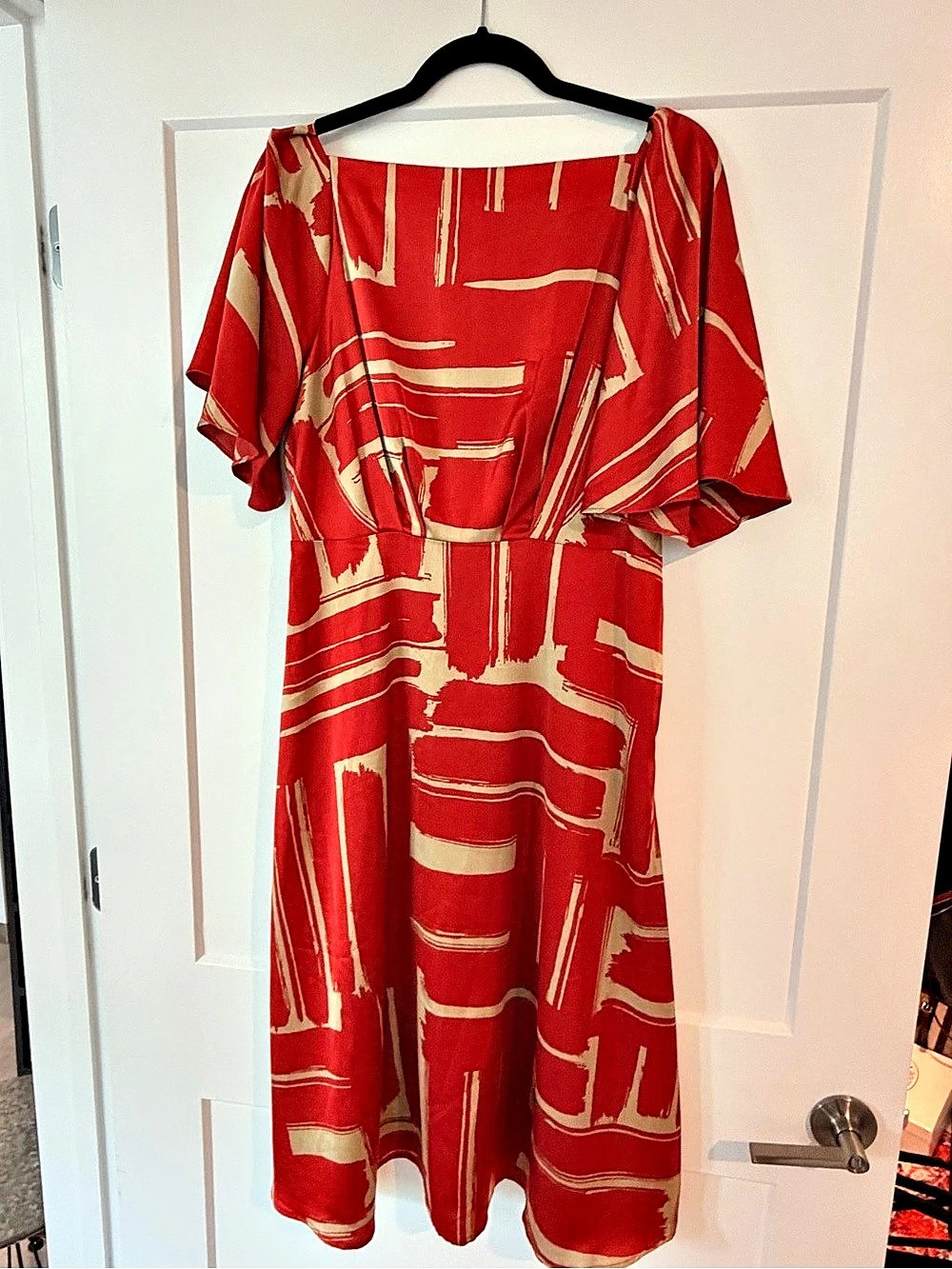 Abstract Midi Dress in Red & Gold Like New